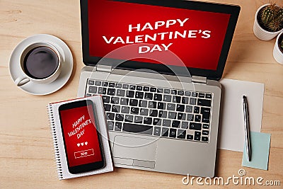 Valentine`s day concept on laptop and smartphone screen Stock Photo