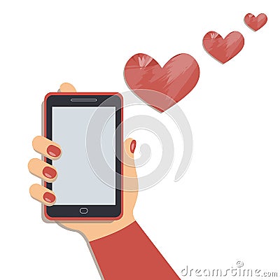 Valentine`s day concept: A mobile phone in the cute female`s hand and the artistic hearts fly out of cellphone Vector Illustration