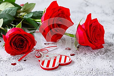 Valentine`s Day Concept. Red roses and heart decor. Stock Photo