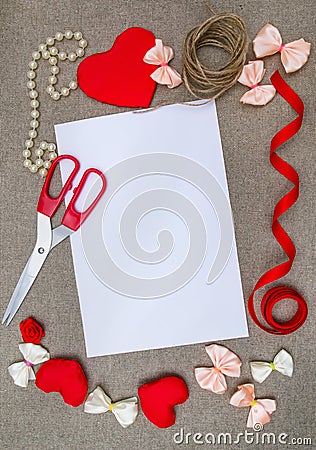 Valentine`s day concept, romantic background on sackcloth, desig Stock Photo