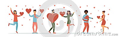 Valentine's Day concept. A set of illustrations. Collection of scenes with people celebrating a romantic holiday. Cartoon Illustration