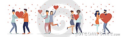 Valentine's Day concept. A set of illustrations. Collection of scenes with people celebrating a romantic holiday. Cartoon Illustration