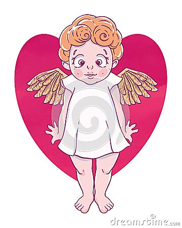 Valentine`s day. Confused Cupid-girl with gold wings and heart shape. Vector illustration Vector Illustration