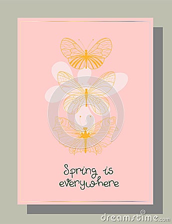 Hi spring. Valentine`s day congratulation. Modern trendy valentine`s day card. Romantic poster Vector Illustration