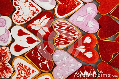 Valentine`s day cookies. Heart shaped cookies for valentine`s day.Red and Pink Heart Shaped Cookies. Valentine`s Day background. R Stock Photo