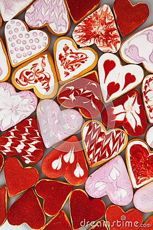 Valentine`s day cookies. Heart shaped cookies for valentine`s day.Red and Pink Heart Shaped Cookies. Valentine`s Day background. R Stock Photo