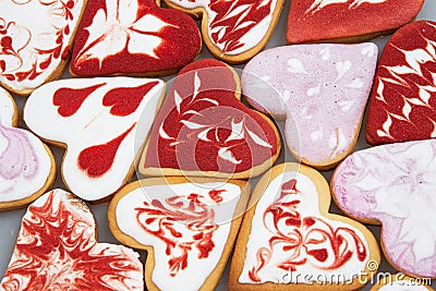 Valentine`s day cookies. Heart shaped cookies for valentine`s day.Red and Pink Heart Shaped Cookies. Valentine`s Day background. R Stock Photo