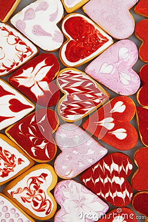 Valentine`s day cookies. Heart shaped cookies for valentine`s day.Red and Pink Heart Shaped Cookies. Valentine`s Day background. R Stock Photo