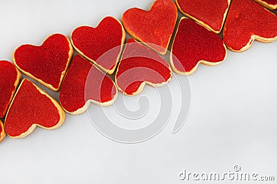 Valentine`s day cookies. Heart shaped cookies for valentine`s day.Red and Pink Heart Shaped Cookies. Valentine`s Day background. R Stock Photo