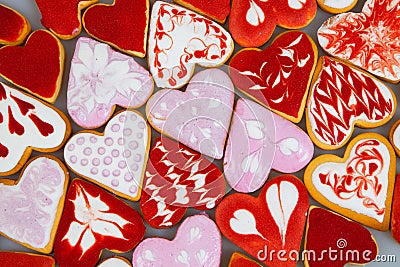 Valentine`s day cookies. Heart shaped cookies for valentine`s day.Red and Pink Heart Shaped Cookies. Valentine`s Day background. R Stock Photo