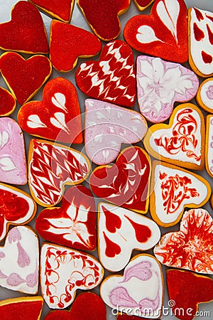 Valentine`s day cookies. Heart shaped cookies for valentine`s day.Red and Pink Heart Shaped Cookies. Valentine`s Day background. R Stock Photo