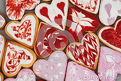 Valentine`s day cookies. Heart shaped cookies for valentine`s day.Red and Pink Heart Shaped Cookies. Valentine`s Day background. R Stock Photo