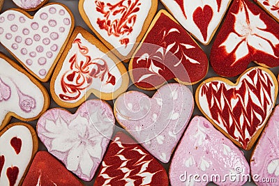 Valentine`s day cookies. Heart shaped cookies for valentine`s day.Red and Pink Heart Shaped Cookies. Valentine`s Day background. R Stock Photo