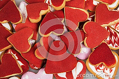 Valentine`s day cookies. Heart shaped cookies for valentine`s day.Red and Pink Heart Shaped Cookies. Valentine`s Day background. R Stock Photo