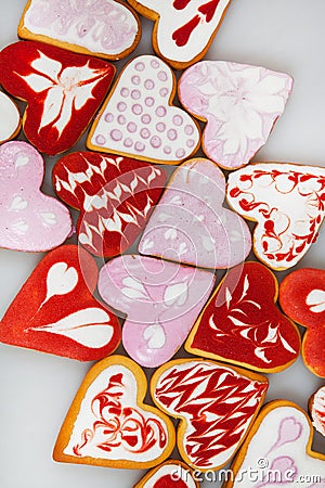 Valentine`s day cookies. Heart shaped cookies for valentine`s day.Red and Pink Heart Shaped Cookies. Valentine`s Day background. R Stock Photo