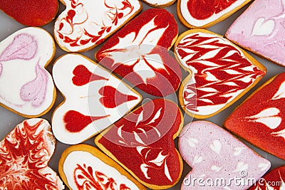 Valentine`s day cookies. Heart shaped cookies for valentine`s day.Red and Pink Heart Shaped Cookies. Valentine`s Day background. R Stock Photo