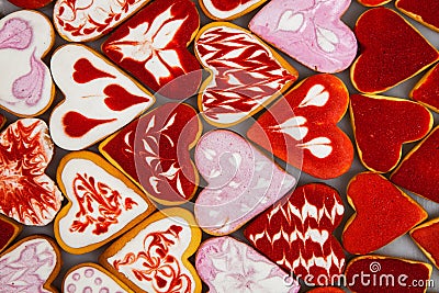 Valentine`s day cookies. Heart shaped cookies for valentine`s day.Red and Pink Heart Shaped Cookies. Valentine`s Day background. R Stock Photo