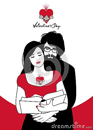 Valentine`s Day. Couple reading hugged. Vector Illustration