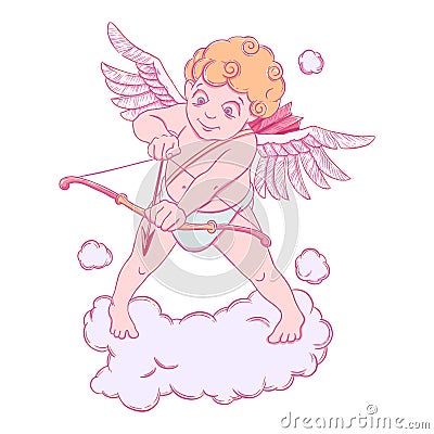 Valentine`s day. Cupid with a bow and arrow takes aim. Vector illustration isolated on white background. Vector Illustration