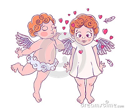 Valentine`s day. Cupid-boy cloud pants blowing kisses and hearts to surprised girl. A pair of angels. Vector Illustration