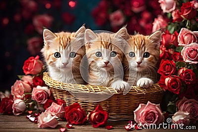 Valentine's day. Cute kittens inside a straw basket. Stock Photo