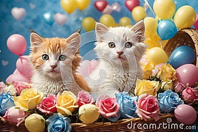 Valentine's day. Cute kittens inside a straw basket. Stock Photo