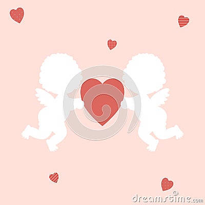 Valentine`s day: cute little white silhouettes of boy and girl cupids hold a red heart on a pink background Vector Illustration