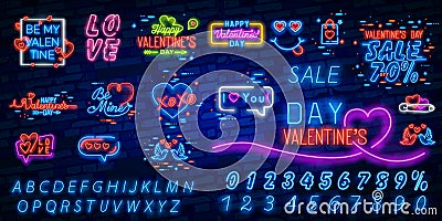 Valentine`s day. 3d neon sign. Realistic neon sign. Love day banner, logo, emblem and label. Bright signboard, light banner Stock Photo