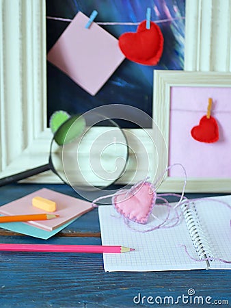 Valentine`s day decor, hearts, blank notebook Stock Photo