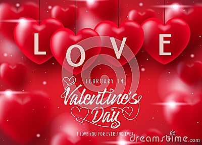 Valentine`s Day Decorative Lovely Greeting Card with Realistic Hearts Vector Illustration