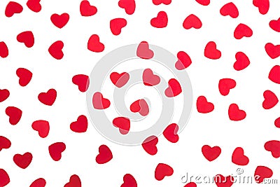 Valentine`s day decorative pattern red hearts confetti isolated on white background. Stock Photo