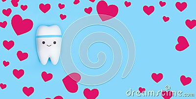 Valentine`s day dentistry background banner. Tooth model with copy space with frame of red hearts Stock Photo