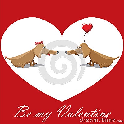 Valentines Day, dog with balloons, postcard text be my valentine Vector Illustration