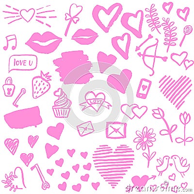 Valentine`s Day doodle set. Hand drawn cute elements. Stock Photo