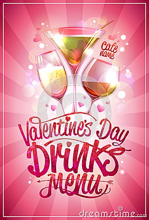 Valentine`s day drinks menu design with cocktails Vector Illustration