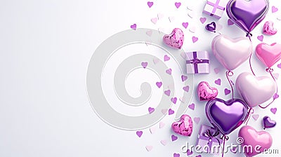 Valentine's Day Elegance Gifts and purple Heart Balloons, Romantic Surprise Stock Photo