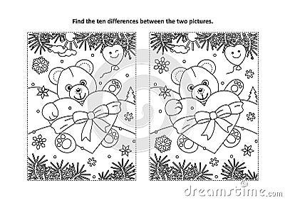 Valentine`s Day find the differences visual puzzle and coloring page Vector Illustration