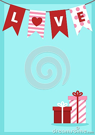 Valentine`s Day flag garland and red white pink gift boxes Vector Illustration