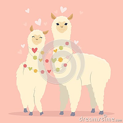 Valentine`s day flat illustration. Be my llamantine card for with cute llama alpaca and hearts Cartoon Illustration