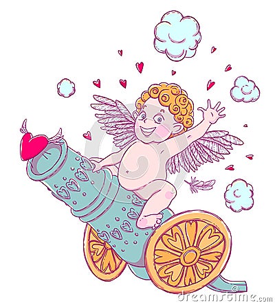Valentine`s day. Funny Cupid-boy riding on a cannon firing hearts. Vector Illustration