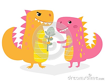 Valentine`s Day. Funny illustration with dinosaurs in love. Character design in cartoon style for cards or print. Vector Illustration