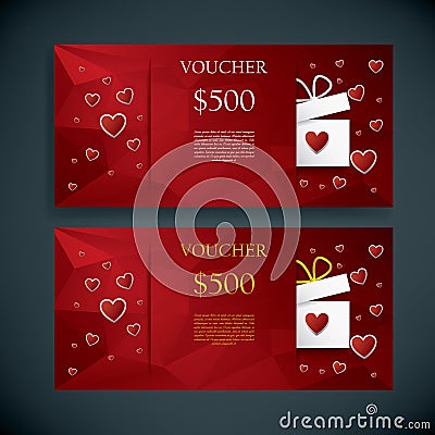 Valentine's day gift card voucher template present and space for your text. Horizontal red low poly vector background. Vector Illustration