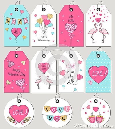 Valentine`s Day gift tags and cards. Hand drawn design elements. Vector Illustration