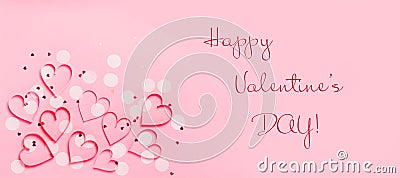 Valentine`s day greeting card with beautiful pure pink hearts and confetti Stock Photo