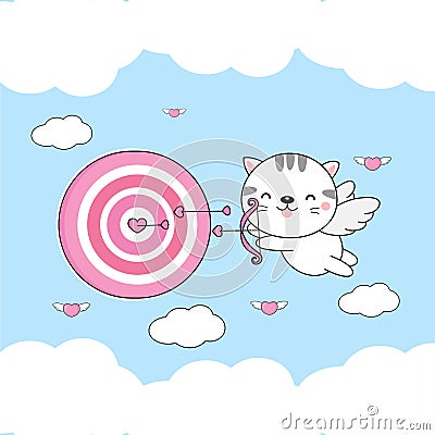 Valentine's Day greeting card .Cute Cat Cupid shoots an arrow at a target Vector Illustration