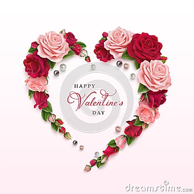 Valentine's day greeting card with pink and burgundy roses laid out in the shape of a heart Vector Illustration