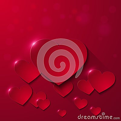 Valentine`s day greeting card with paper hearts on red background Vector Illustration