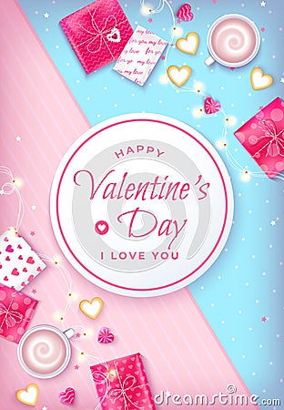 Valentine`s Day Greeting Card with realistic gifts, cups of coffee, cookies, garlands, heart-shaped candies. On abstract pink and Vector Illustration
