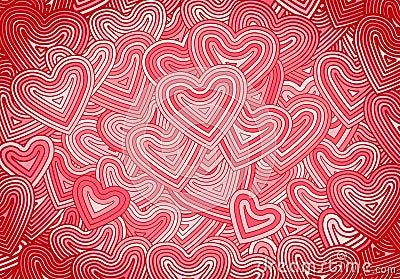 Valentine&#s Day greeting card or background with hearts and line ornament. Retro fashion, hippie psychedelic Vector Illustration