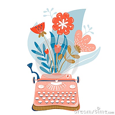 Valentine`s day greeting card. Typewriter with cute bouquet of flowers. Vector Illustration